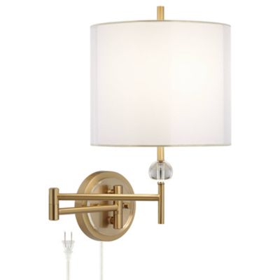 Kohle Modern Swing Arm Wall Lamp Polished Brass Plug-in Light Fixture White Inner Sheer Outer Drum Shade for Bedroom Bedside House