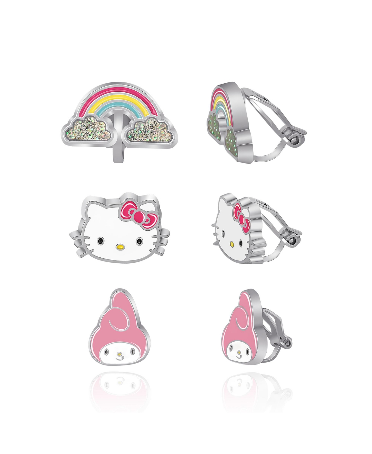 Sanrio Hello Kitty and Friends Clip On Earrings 3-Pack - Rainbow, My Melody and Hello Kitty Earrings" - Pink, white, red