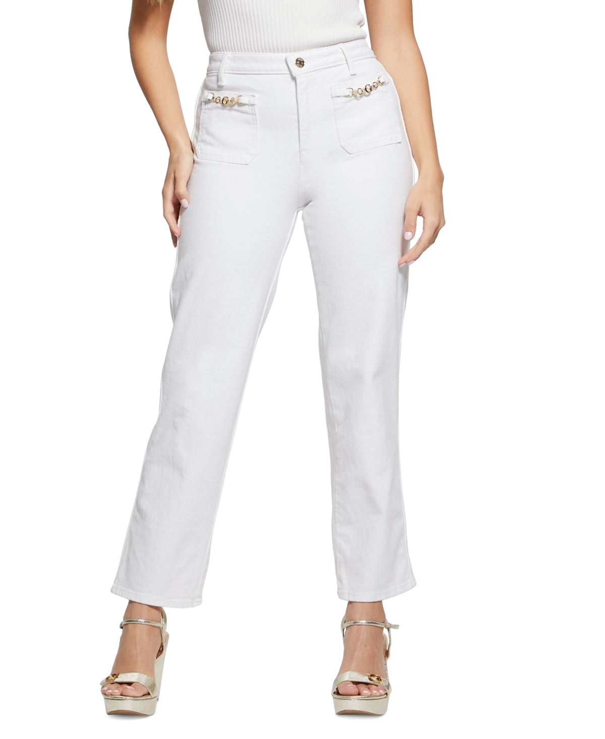 Shop Guess Women's Relaxed Charm Straight Eg Jeans In Pure White Multi