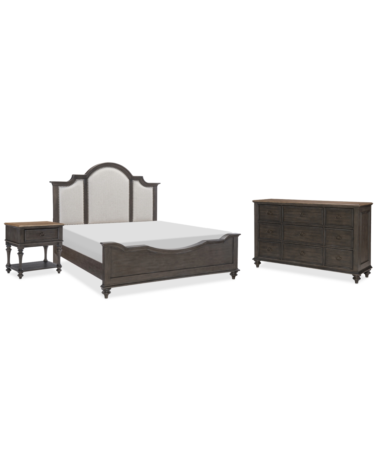 Mandeville 3pc Bedroom Set (Upholstered Queen Bed + Dresser + 1-Drawer Nightstand) - Brown
