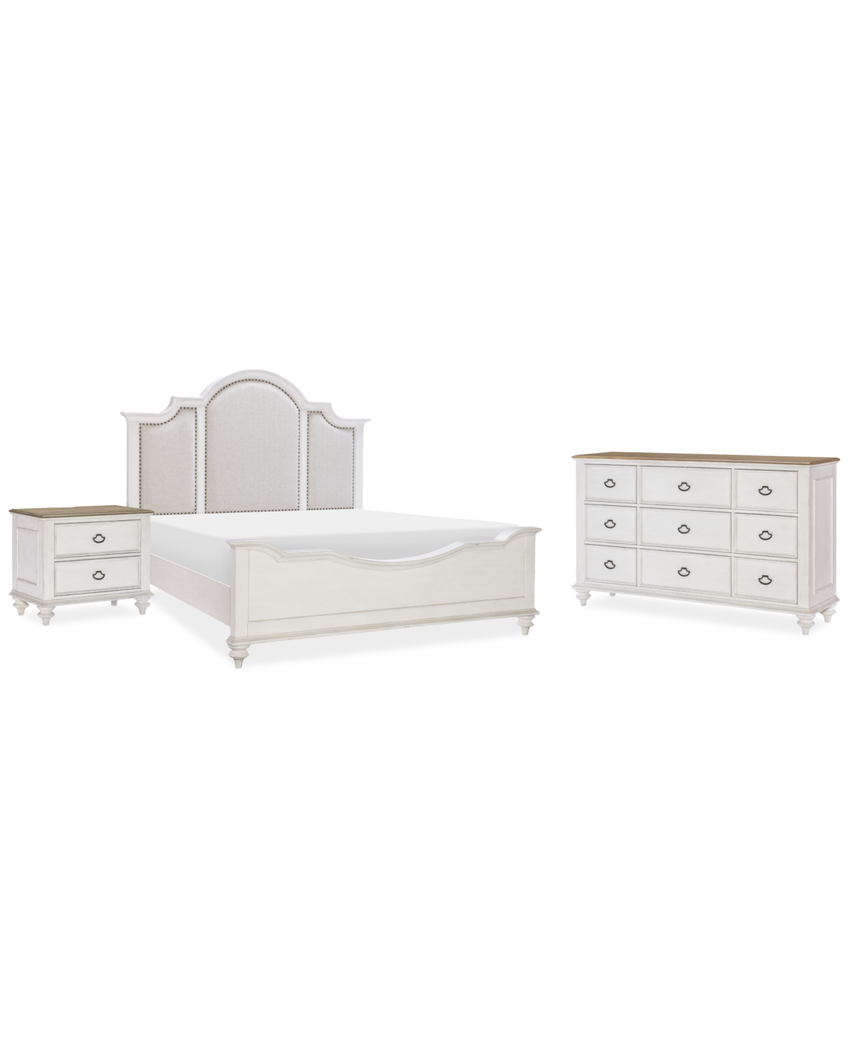 Shop Macy's Mandeville 3pc Bedroom Set (upholstered King Bed + Dresser + 2-drawer Nightstand) In White