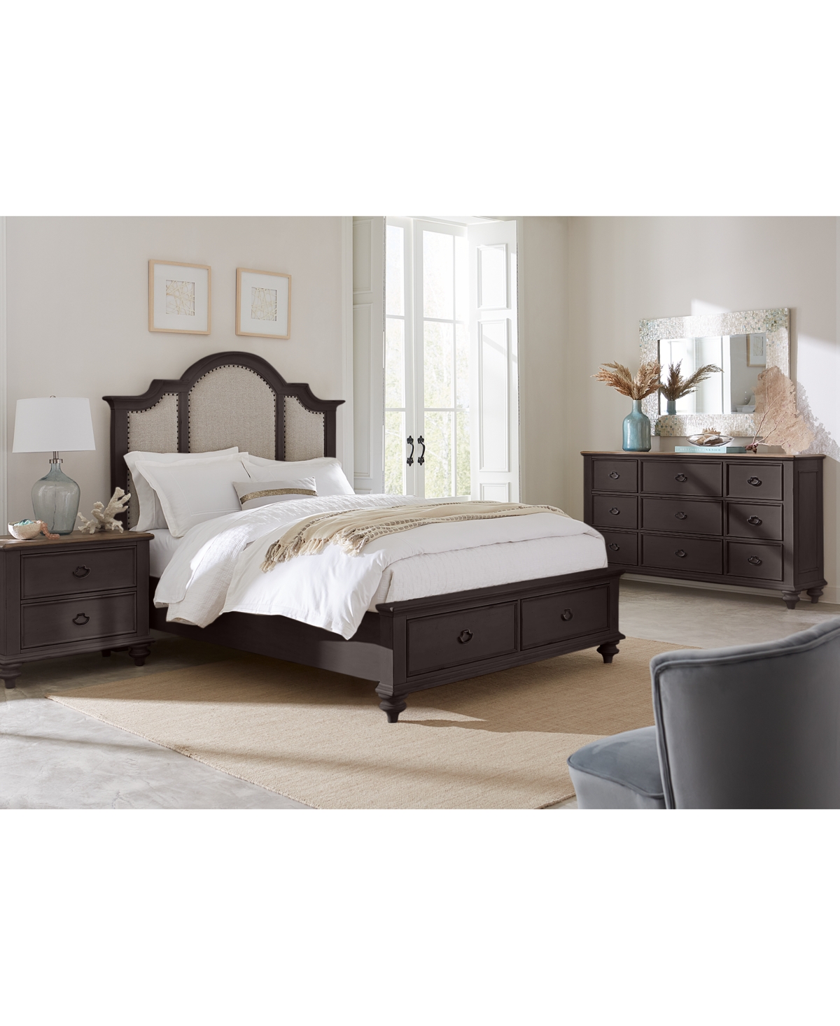 Mandeville 3pc Bedroom Set (Upholstered Storage Bed + Dresser + 2-Drawer Nightstand)