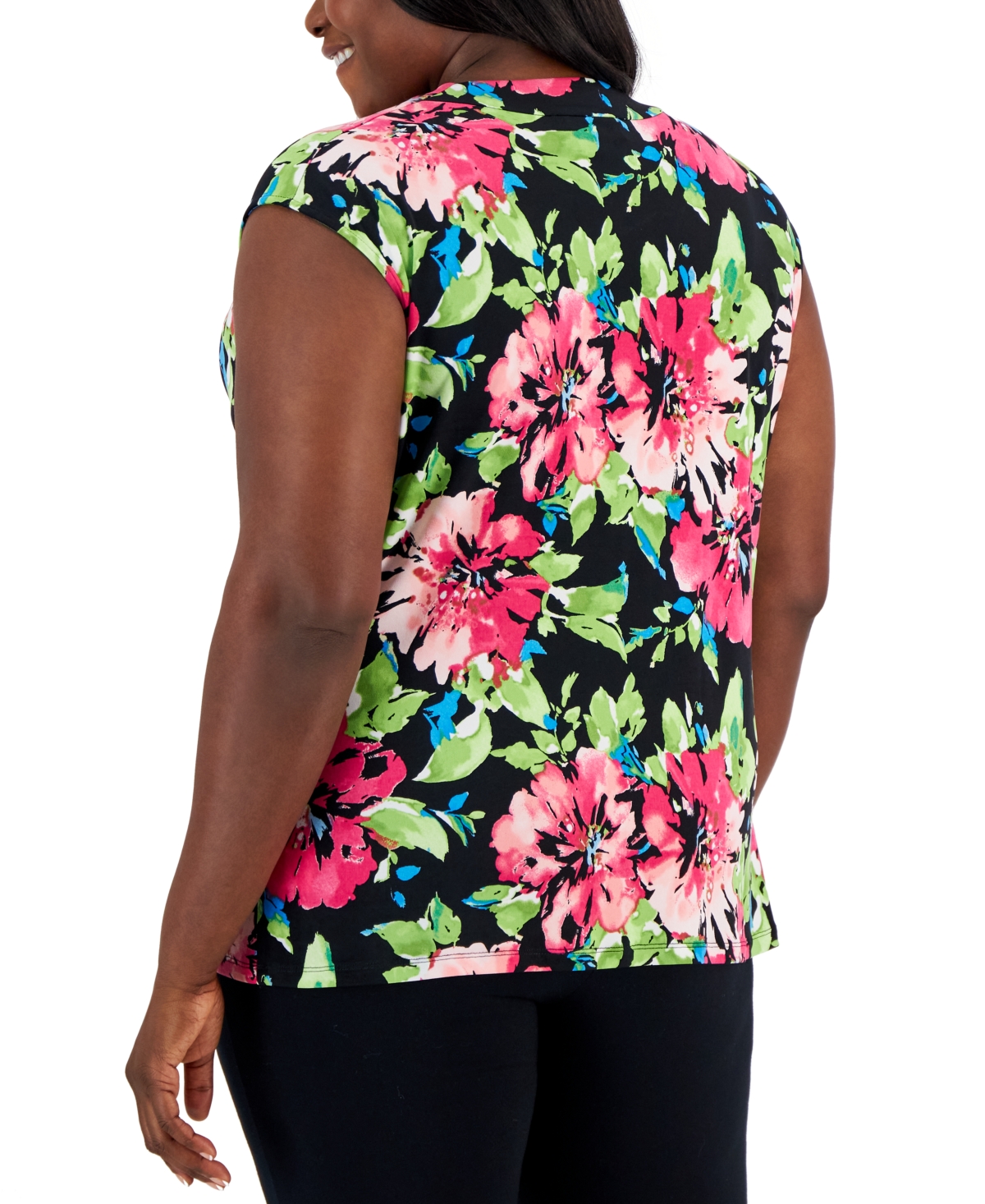 Shop Kasper Plus Size Floral Print Cowlneck Cap Sleeve Top In Black,pink Perfection Multi