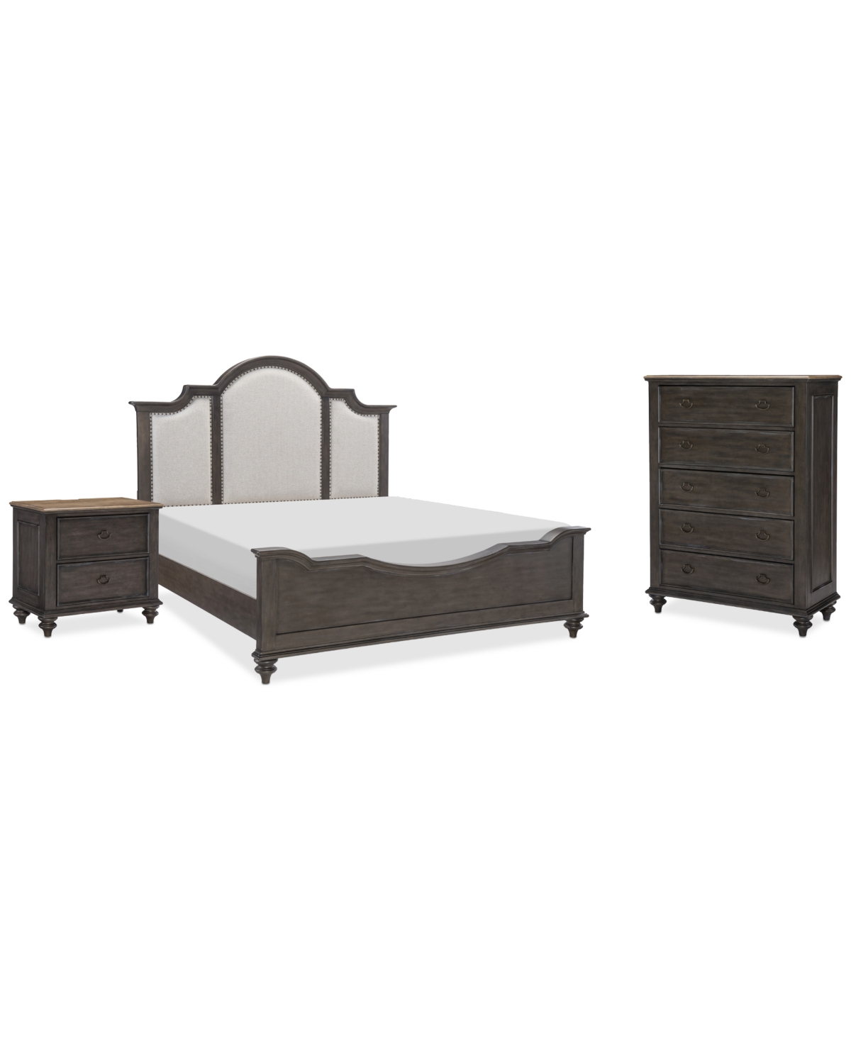 Mandeville 3pc Bedroom Set (Upholstered California King Bed + Drawer Chest -Drawer Nightstand