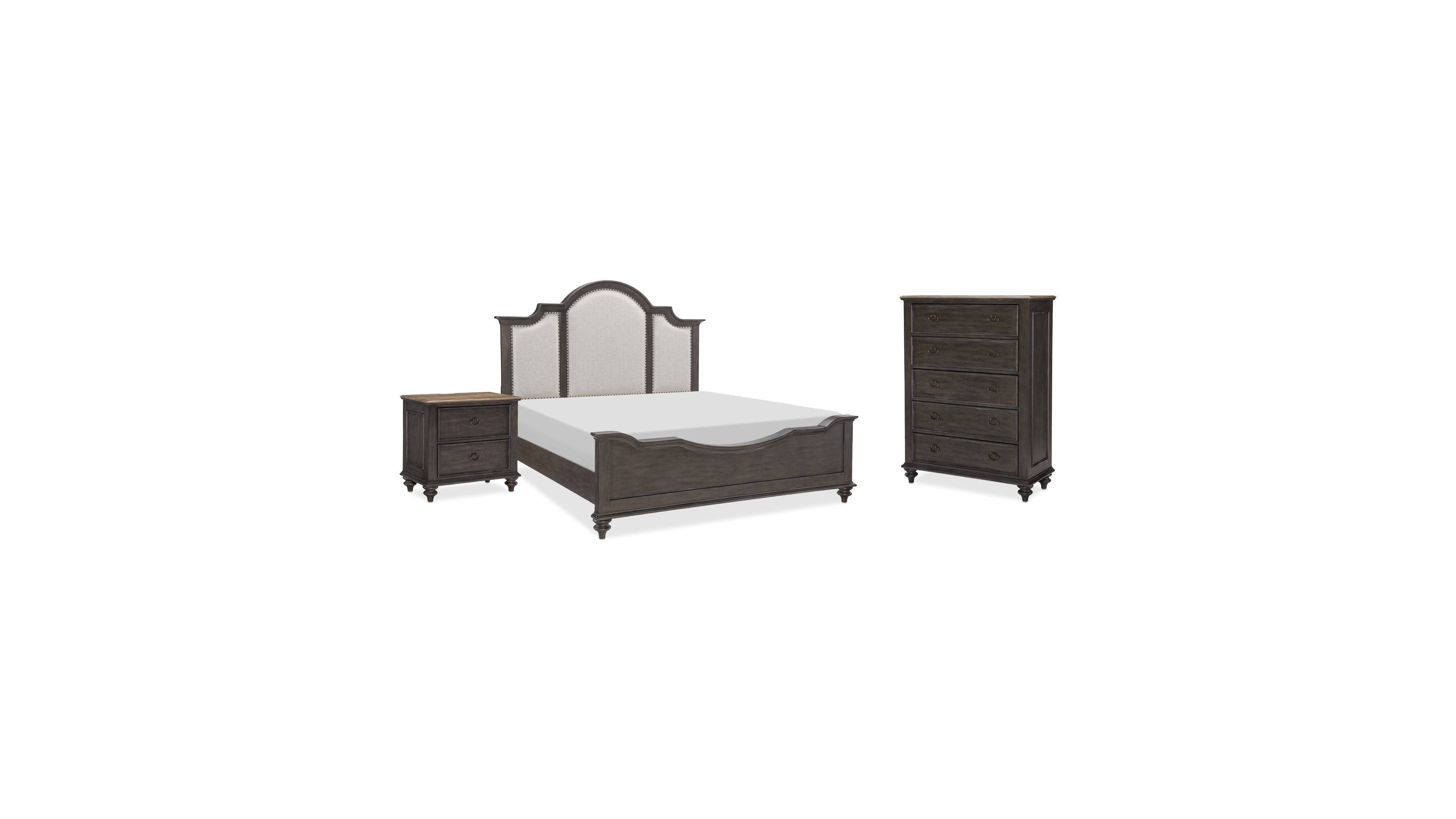 Mandeville 3pc Bedroom Set (Upholstered California King Bed + Drawer Chest 2-Drawer Nightstand)