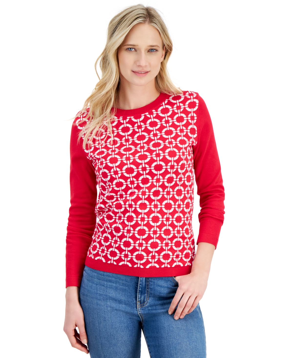 Women's Cotton Circle Link Crewneck Sweater - Bright Red
