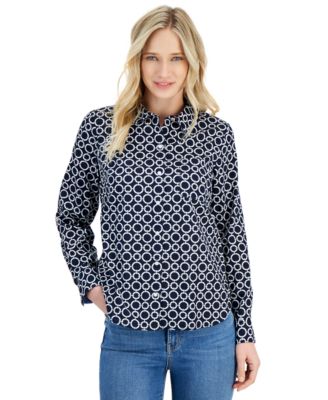 Nautica Jeans - Women's Cotton Circle-Print Roll-Tab Shirt