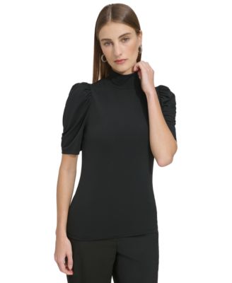 DKNY - Petite Mock-Neck Puffed-Shoulder Top
