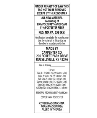 Serene 2" Foam Mattress Topper, Twin