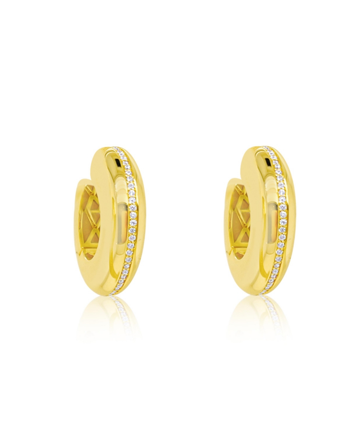 Yellow Gold Tone Chunky Hoops with Cz Stripe Earrings - Yellow
