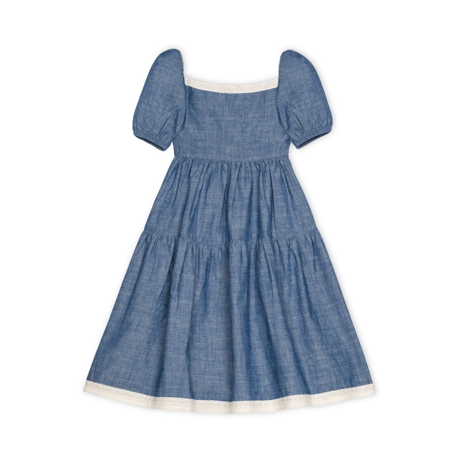 Baby Girls Hope and Henry Short Bubble Sleeve Crochet Trim Chambray Dress