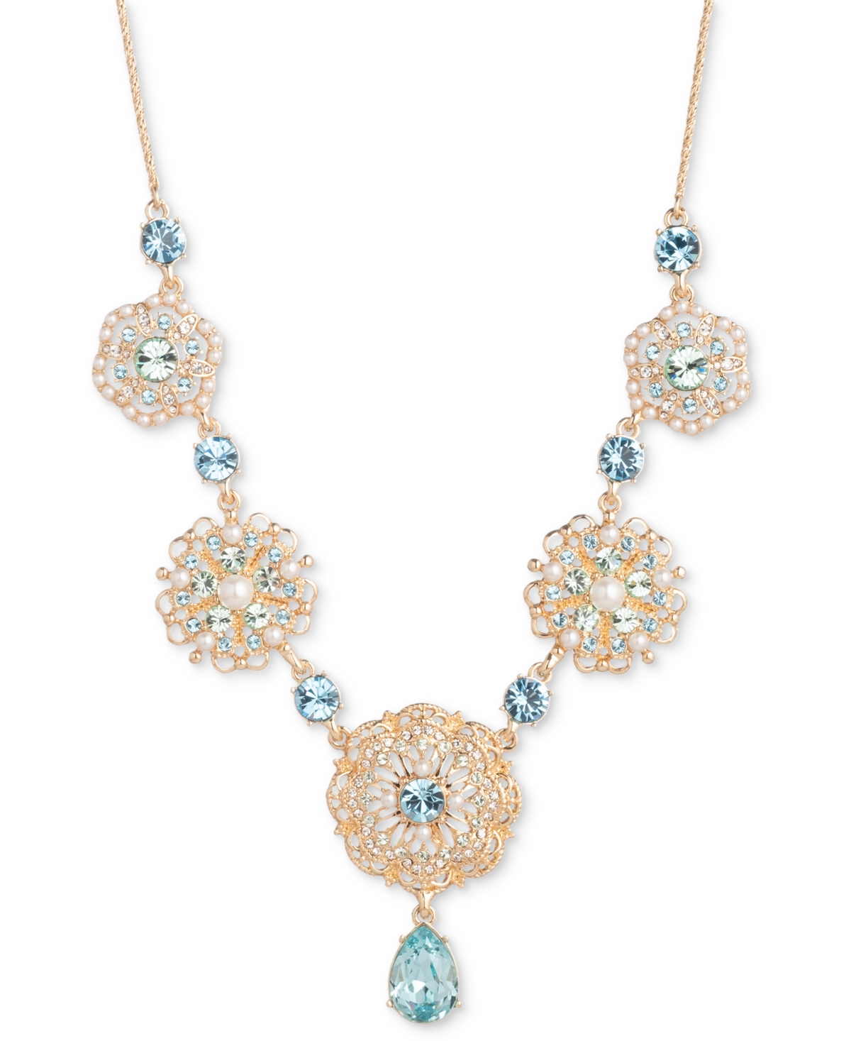 Shop Marchesa Gold-tone Crystal & Imitation Pearl Flower Statement Necklace, 16" + 3" Extender In Blue