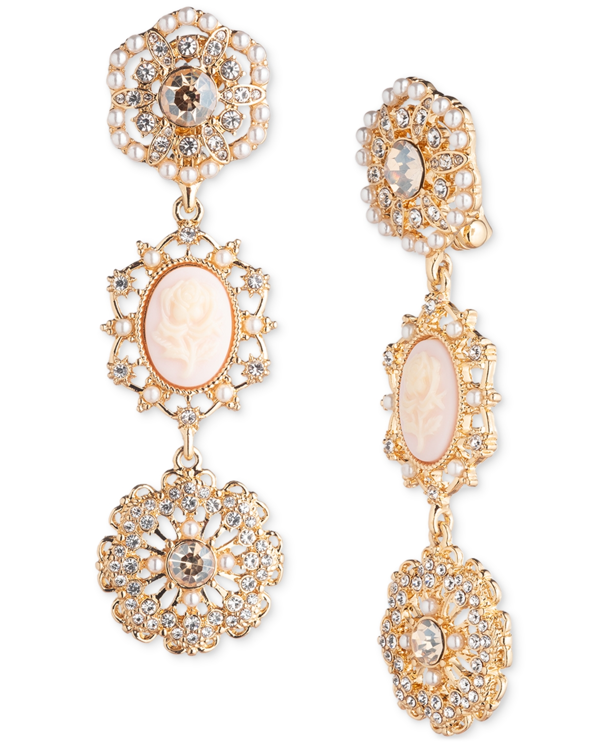 Shop Marchesa Gold-tone Pave & Imitation Pearl Flower Cameo Triple Drop Earrings