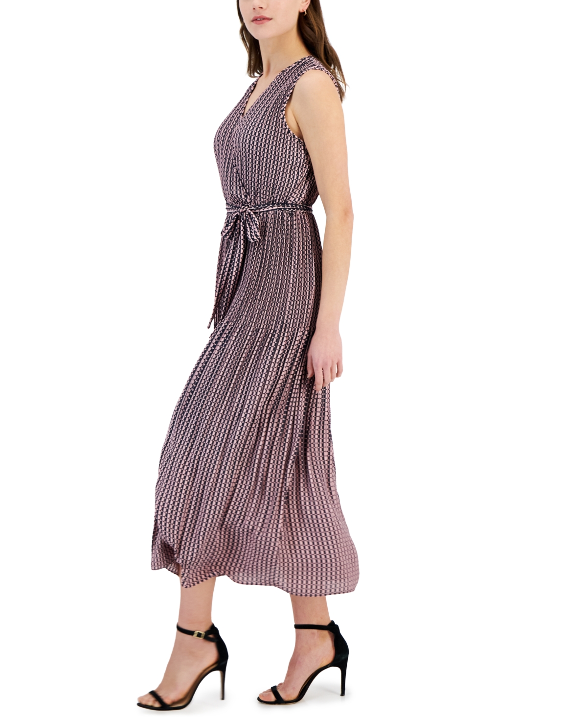 T Tahari Women's Printed Faux-Wrap Sleeveless Pleated Fit & Flare Midi Dress