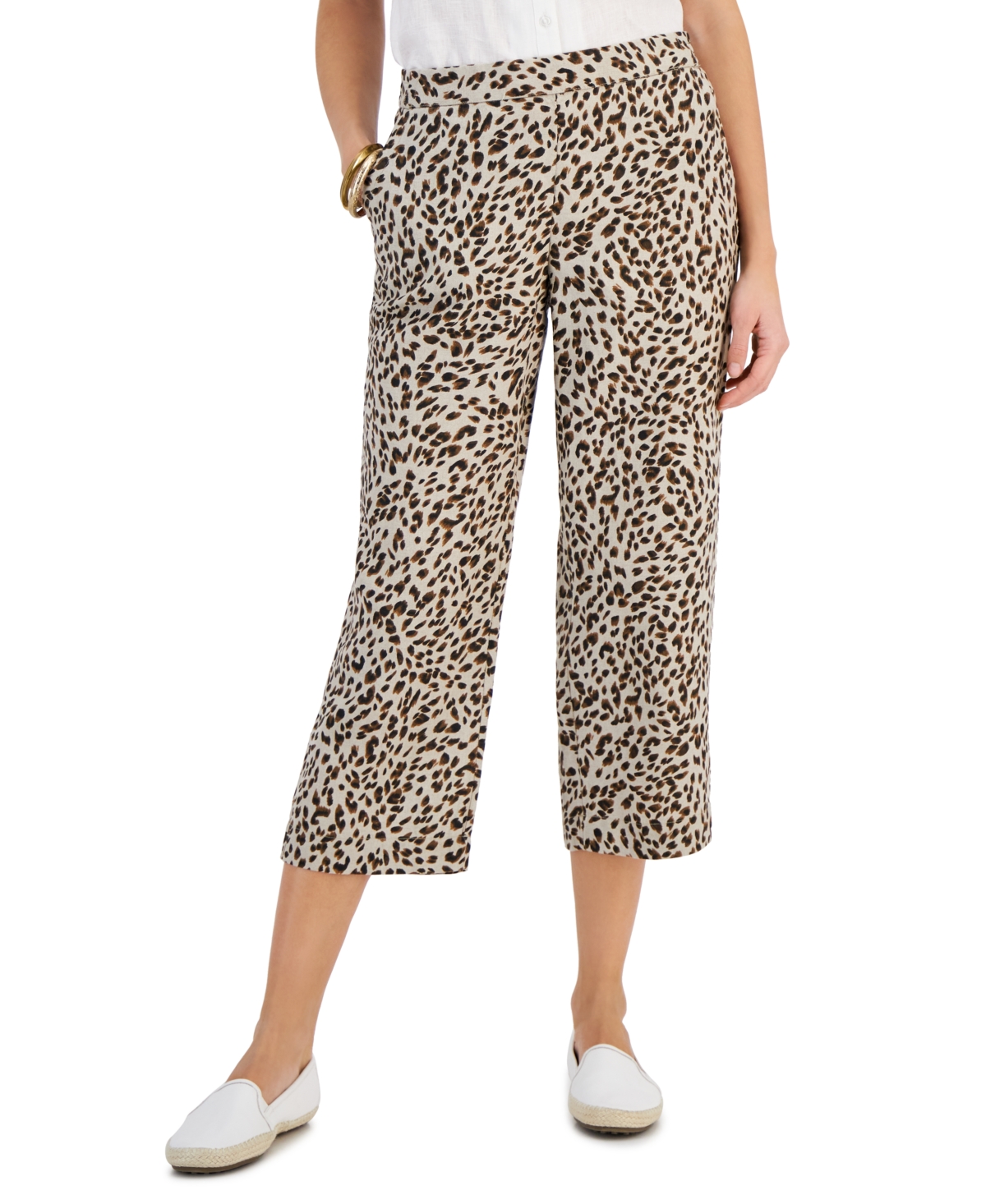 Women's 100% Linen Printed Cropped Pull-On Pants, Created for Macy's - Flax Combo