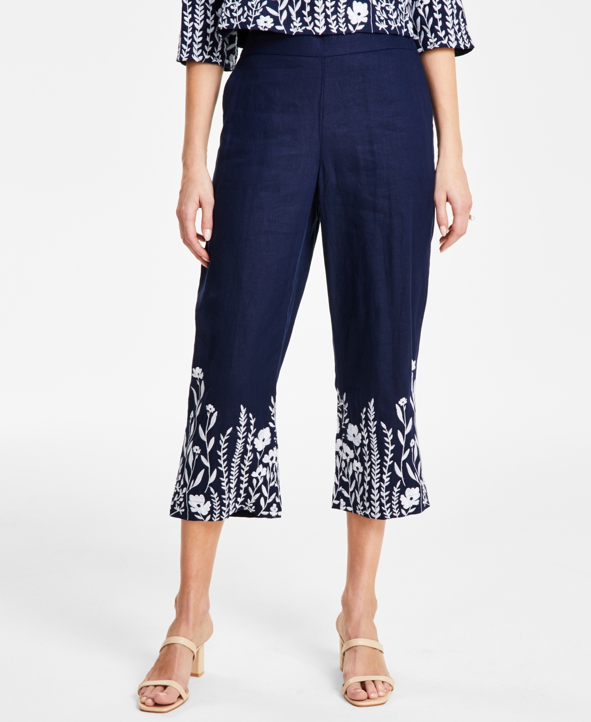 Women's 100% Linen Floral Embroidered High Rise Cropped Pants, Created for Macy's - Intrepid Blue Combo