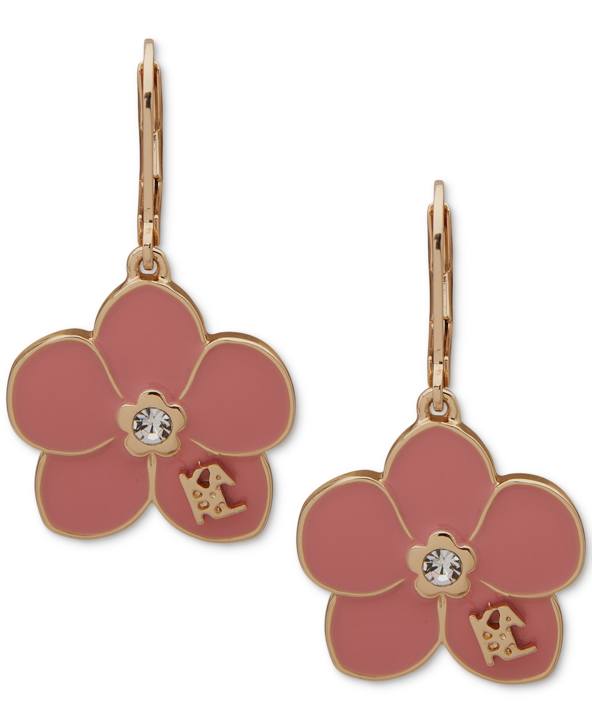 Gold-Tone Pave Pink Flower Drop Earrings - Pink