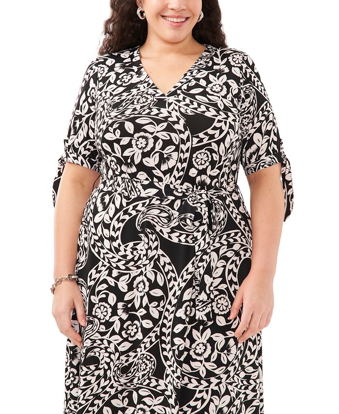 Plus Size Printed Tie Neck Long Sleeve Dress