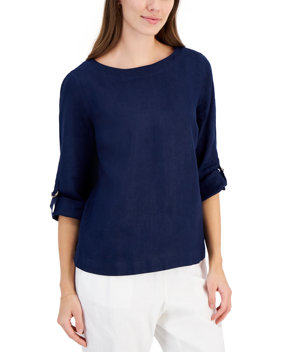 Shop Charter Club Women's 100% Linen D-ring Top, Created For Macy's In Intrepid Blue