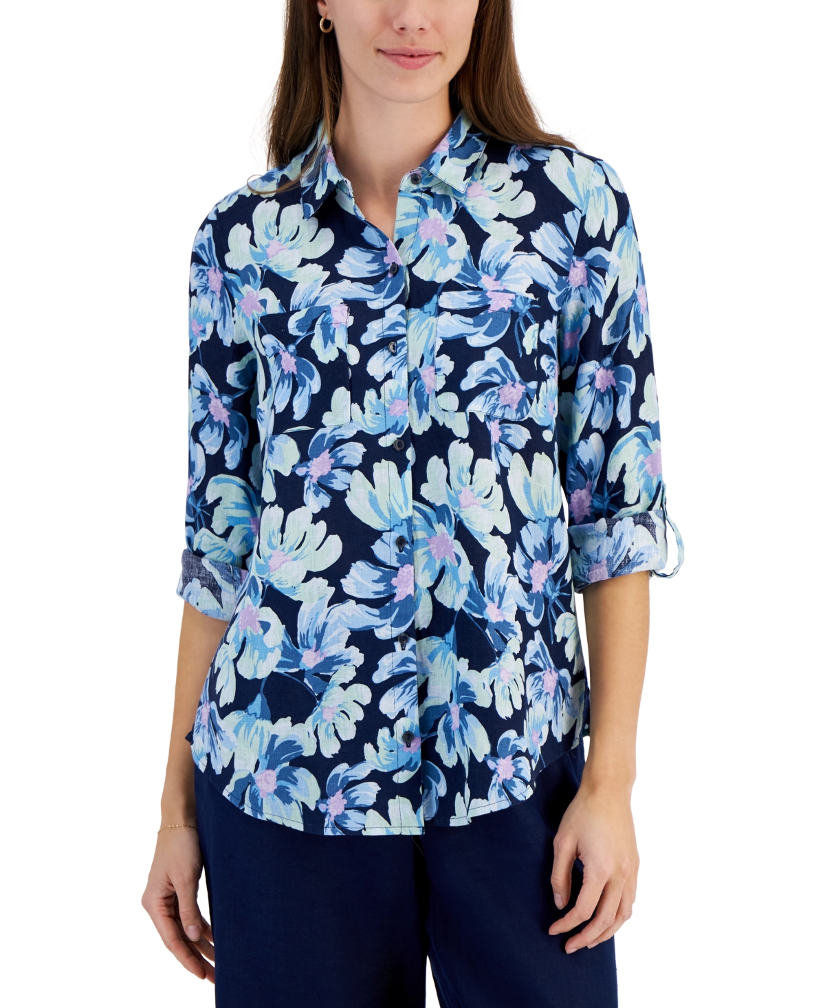 Shop Charter Club Petite 100% Linen Bloom Print Roll-tab Button Front Top, Created For Macy's In Intrepid Blue Combo