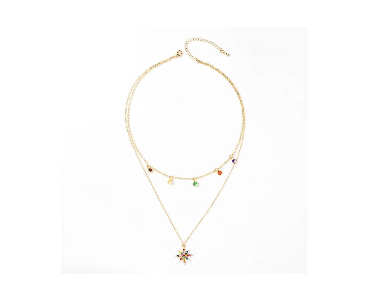 Star Necklace Layered with Rainbow Cubic Zirconia Stones - Gold
