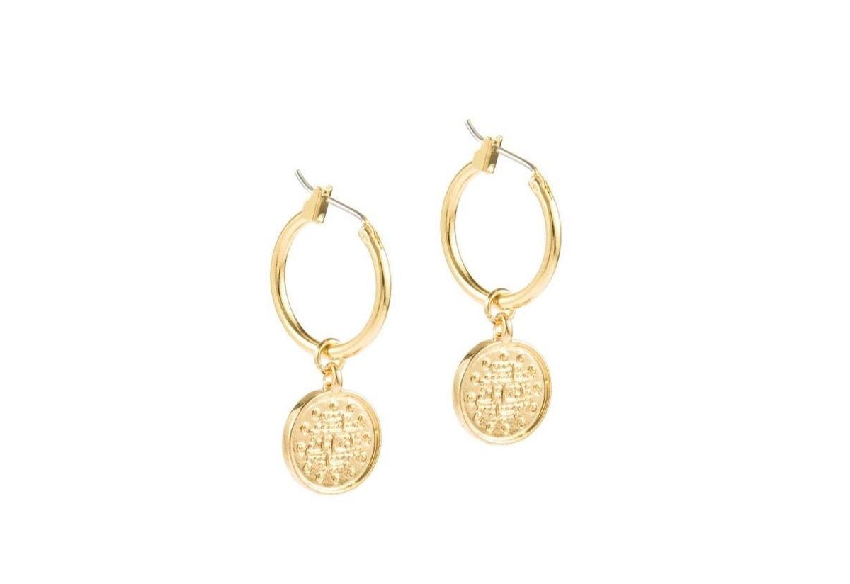 Huggie Dangle Earrings with Gypsy Coin - Gold
