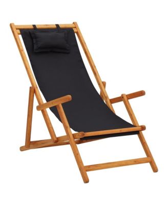 Folding Beach Chair Solid Eucalyptus Wood and Fabric Black