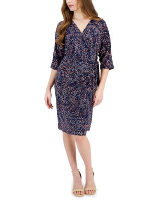 Robbie Bee - Petite Printed 3/4-Sleeve Faux-Wrap Dress