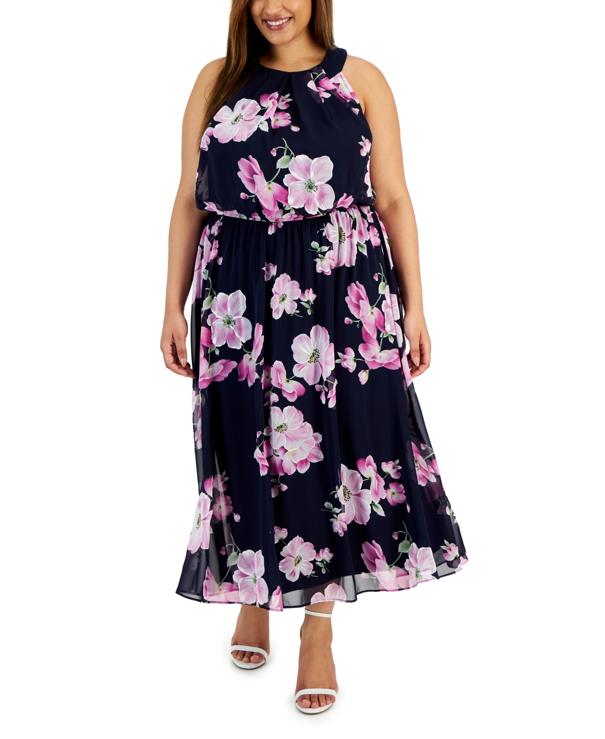 Plus Size Floral-Print Halterneck Maxi Dress - Navy/orchid