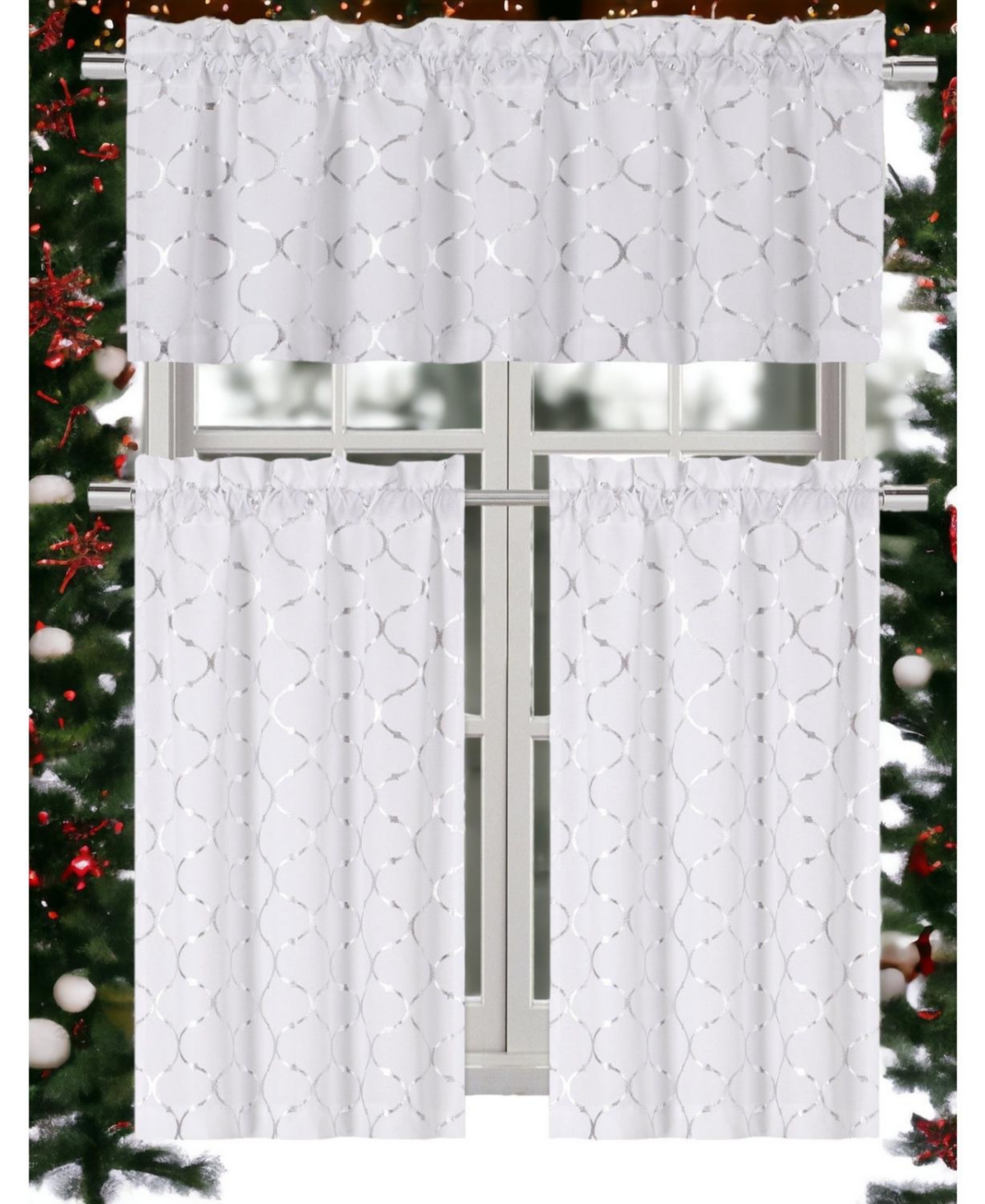 Christmas Collection Metallic Foil Cotton Blend Lattice Cafe Kitchen Curtain Tier & Valance Set - Silver