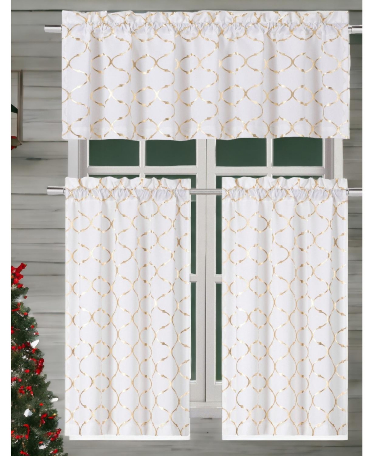 Christmas Collection Metallic Foil Cotton Blend Lattice Cafe Kitchen Curtain Tier & Valance Set - Silver