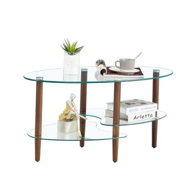 Streamdale Modern Oval Glass Coffee Table with Oak Wood Legs