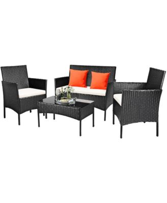 4PCS Patio Rattan Furniture Set Cushioned Sofa Coffee Table Backyard Porch
