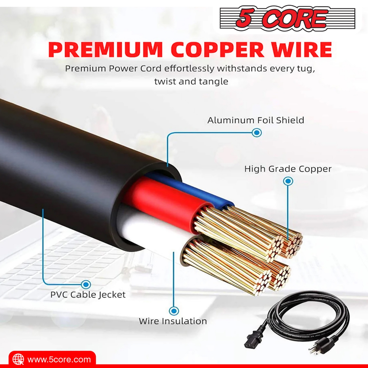 5 Core 3 Prong Extension Cord 6 FeetDurable Three Prong Extension Cable Us Ac 3 Prong Christmas Light Extension Cord -Pc 1001 - Black