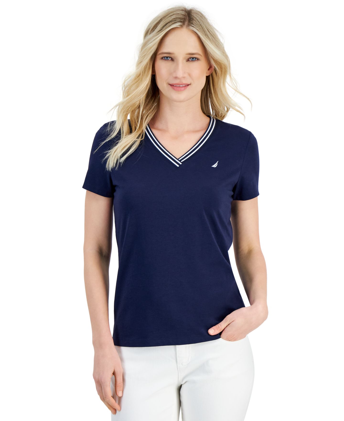 Женский топ Nautica Solid Stripe-Trim V-Neck Top, цвет: Синий — фото 1
