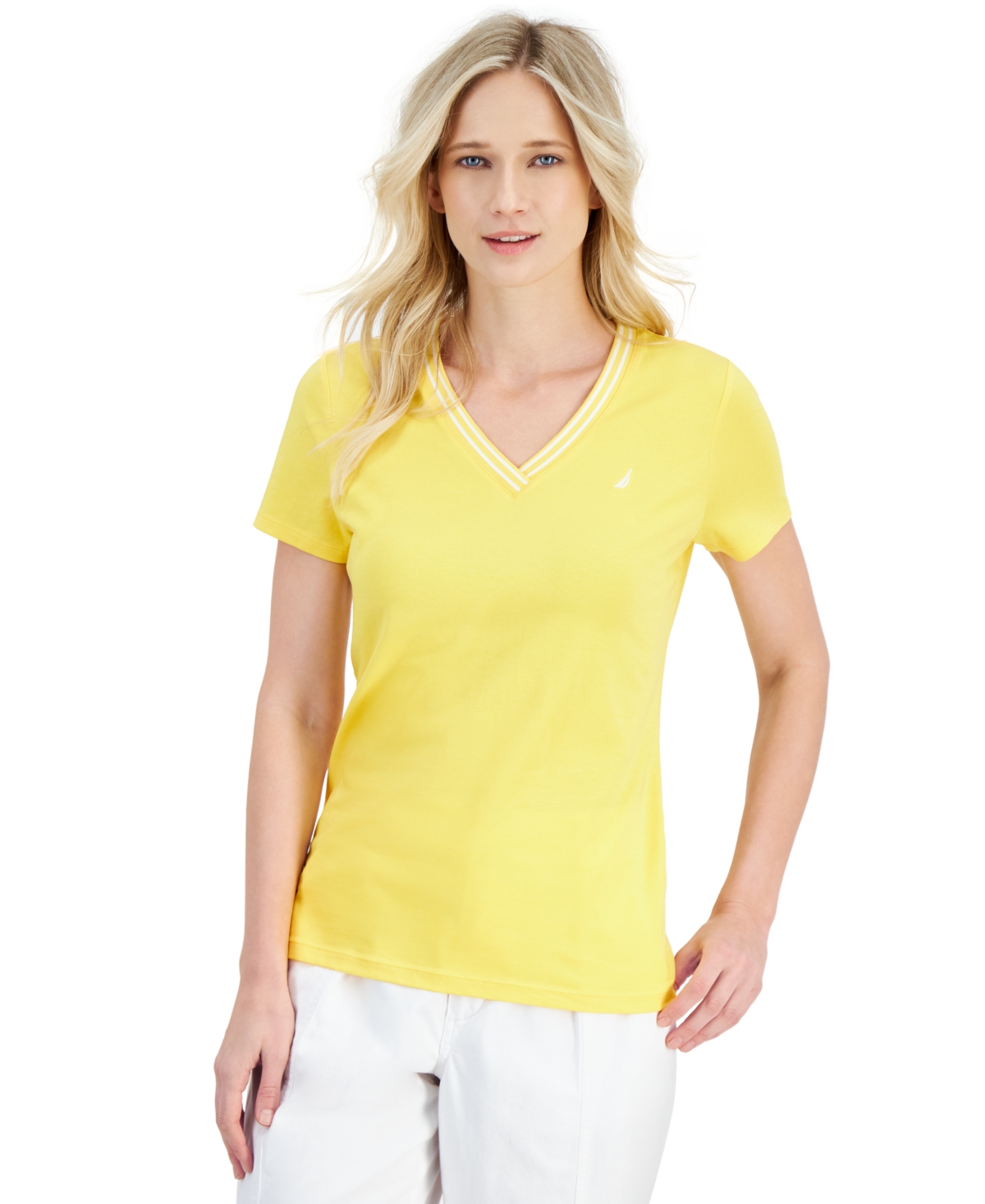 Nautica Women's Solid Stripe-trim V-neck In Yellow