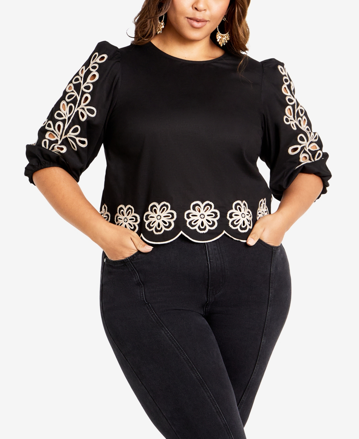 Avenue Plus Size Eternal Embroidered Round Neck Top In Black,cream