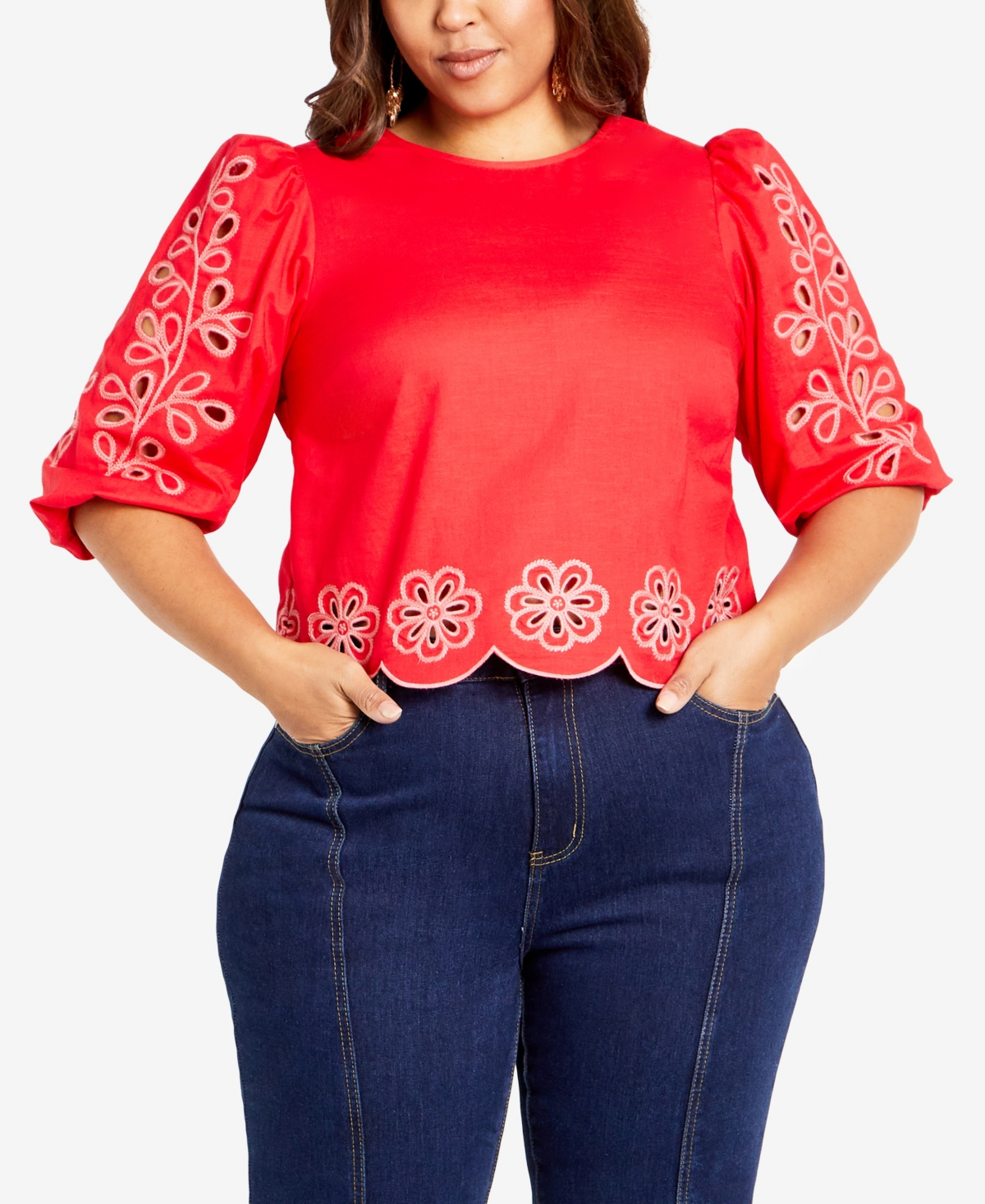 Avenue Plus Size Eternal Embroidered Round Neck Top In Flame,pink
