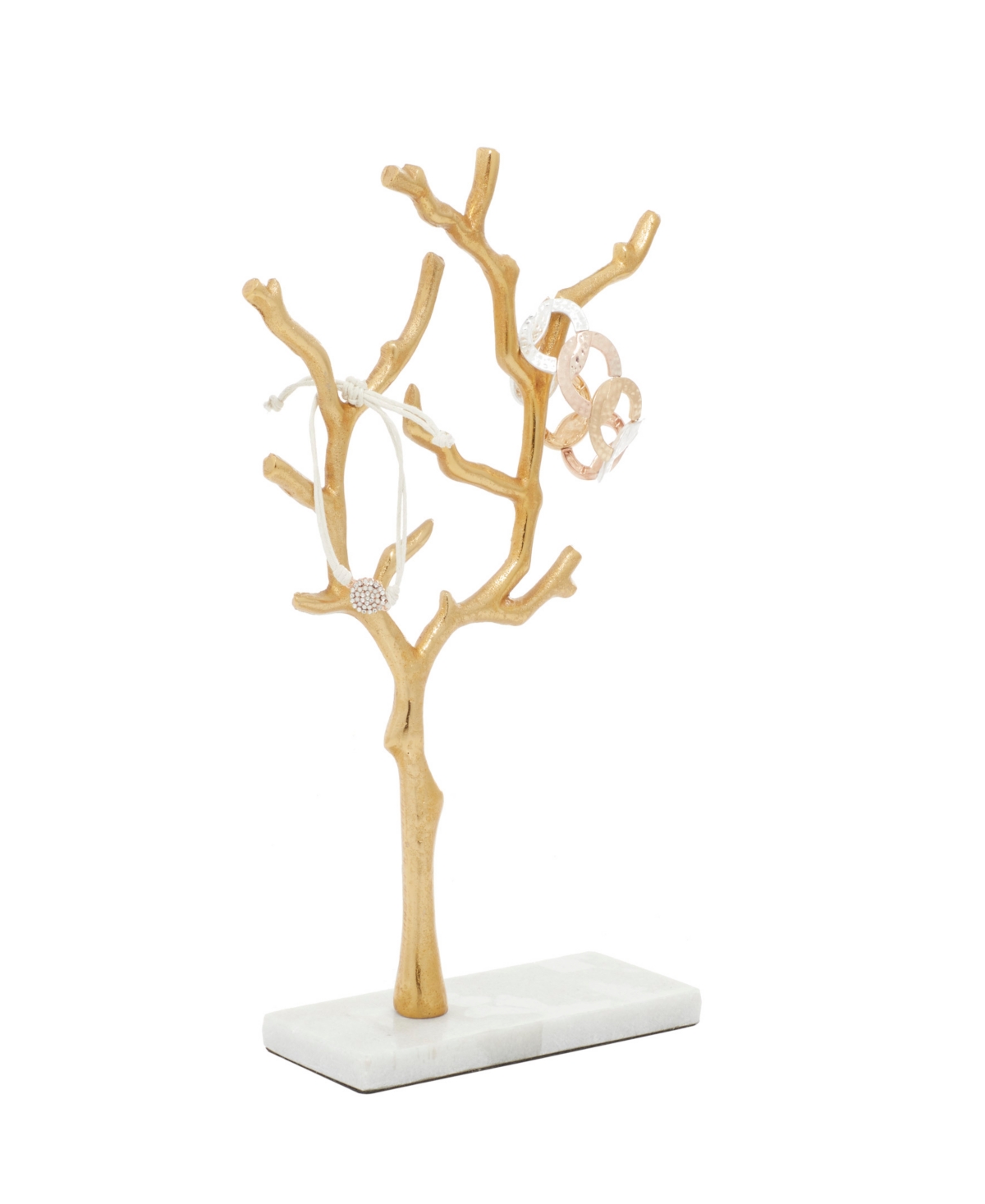 Real Marble Tree Jewelry Stand with Rectangular Base, 9" x 3" x 13" - Gold