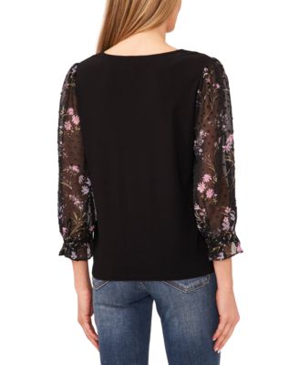 Women's Floral V-Neck Mix Media 3/4-Sleeve Knit Top