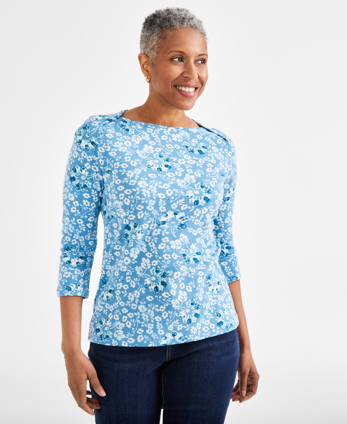 Shop Style & Co Women's Printed 3/4-sleeve Pima Cotton Top, Created For Macy's In Blue Floral