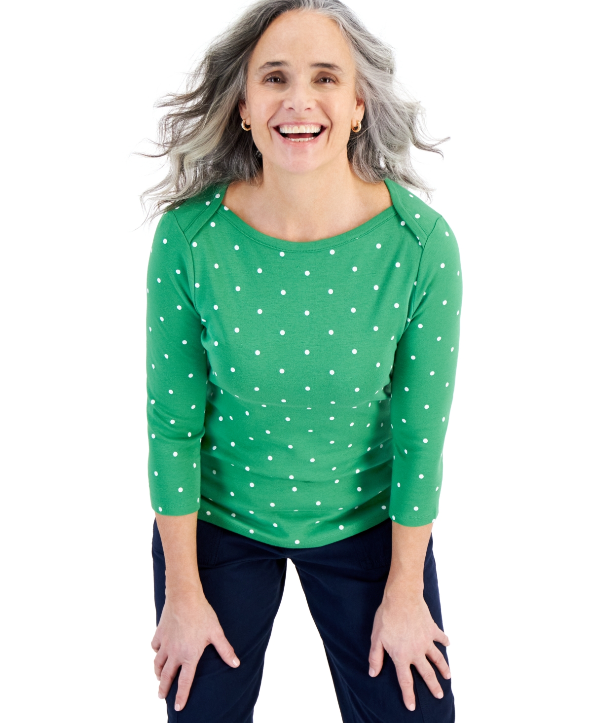 Shop Style & Co Women's Pima Cotton Boat-neck 3/4-sleeve Top, Created For Macy's In Green Dot
