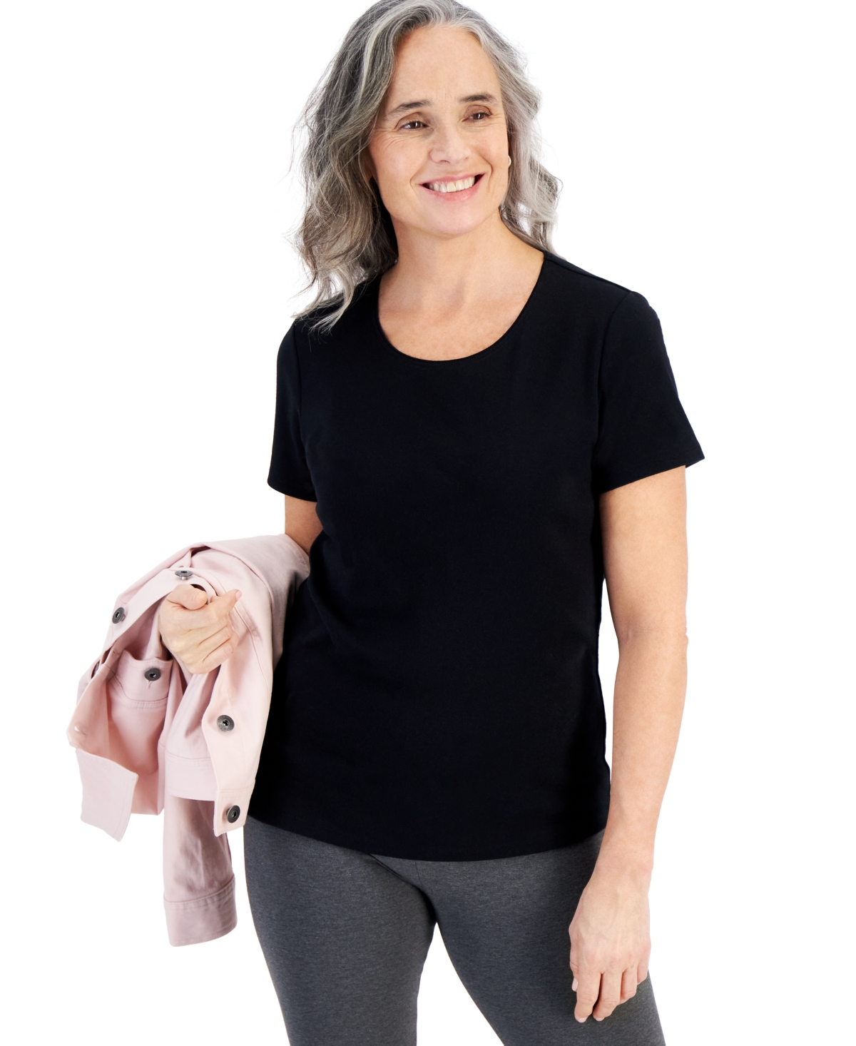 Petite Cotton Scoop-Neck Short-Sleeve Top, Created for Macy's - Warm Blush