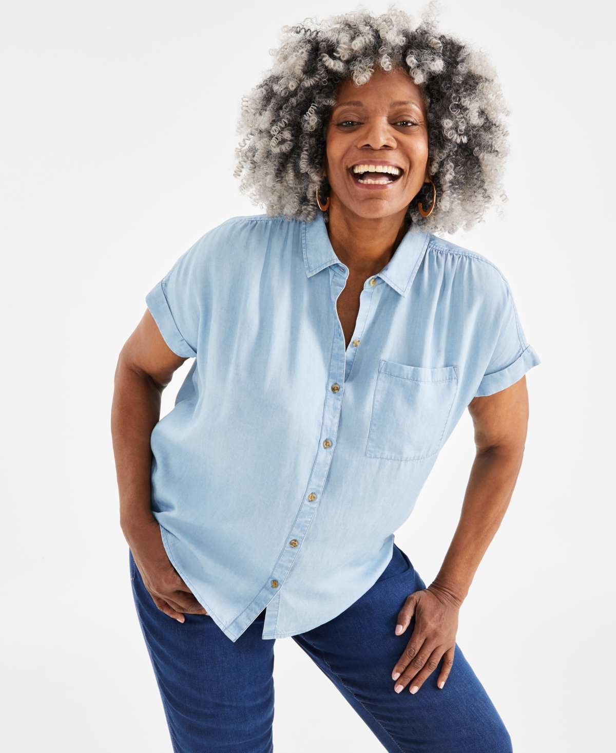 Shop Style & Co Plus Size Chambray Camp Shirt, Created For Macy's In Emma Wash