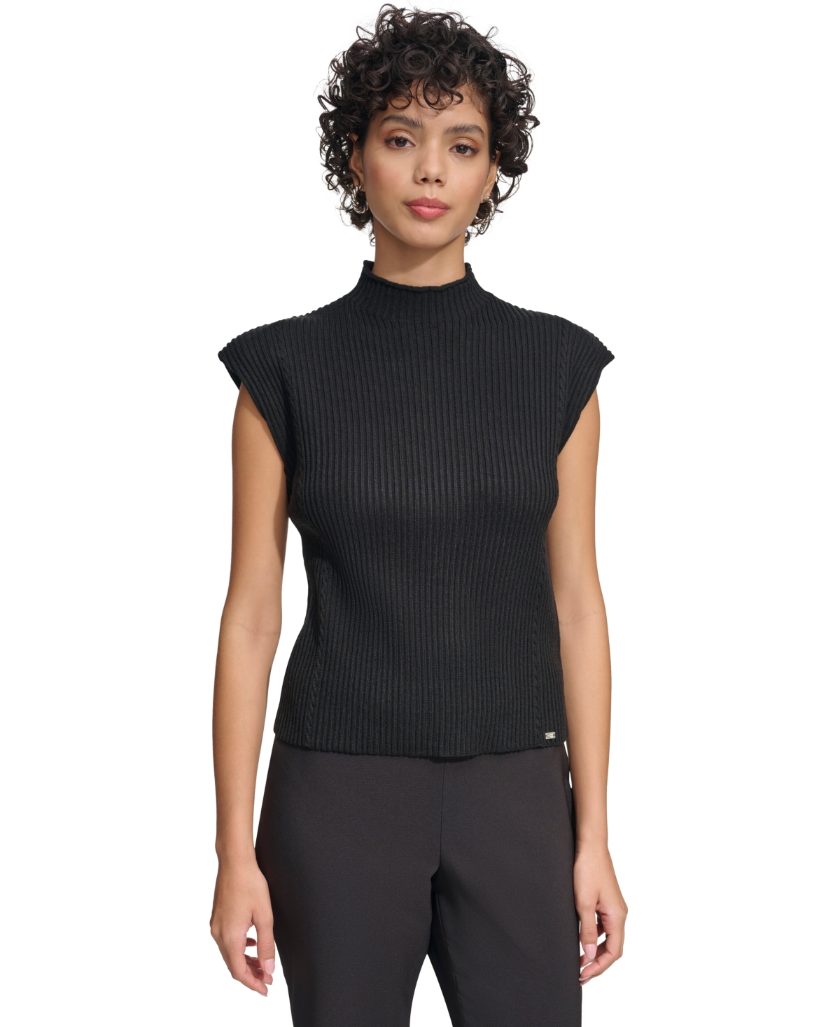 Shop Calvin Klein Women's Mock-neck Ribbed Extended-shoulder Sweater In Black