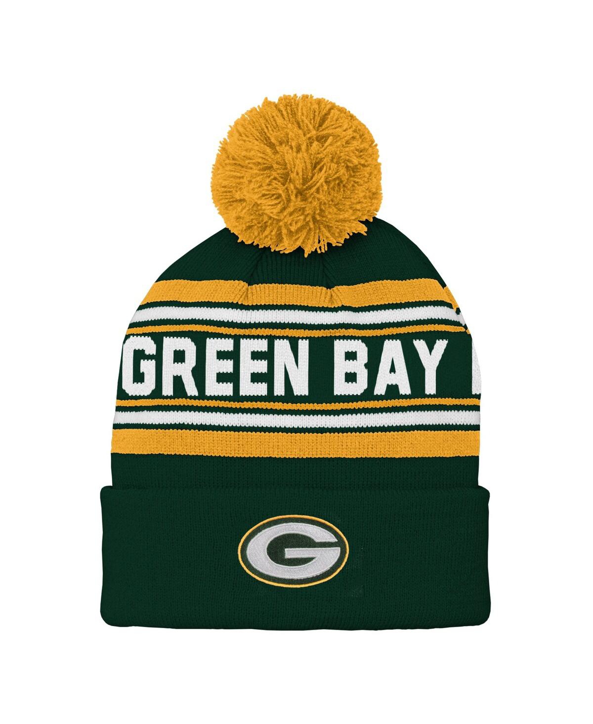 Outerstuff Kids' Youth Boys And Girls Green Green Bay Packers Jacquard Cuffed Knit Hat With Pom