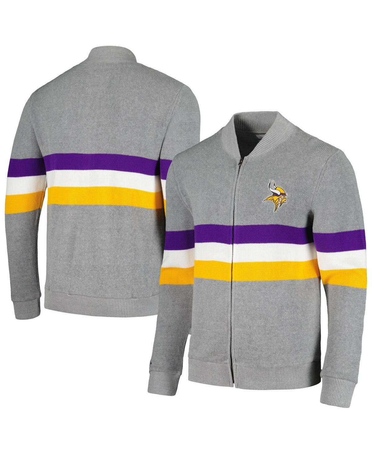 Men's Mitchell & Ness Gray Minnesota Vikings Striped Full-Zip Cardigan Sweater - Gray
