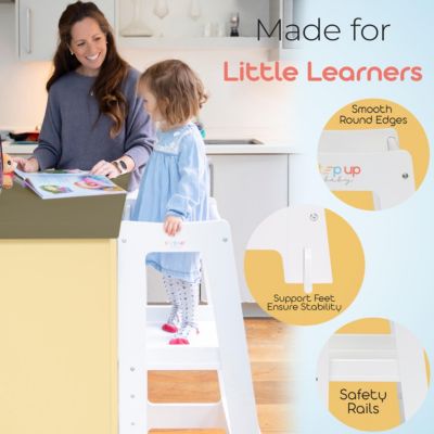 Toddler Tower with Adjustable Step, White Montessori-Inspired Toddler Step Stool, Standing Tower for Kids, Fits Under Kitchen Counters, Adjustable for 18 Month - 5 Years