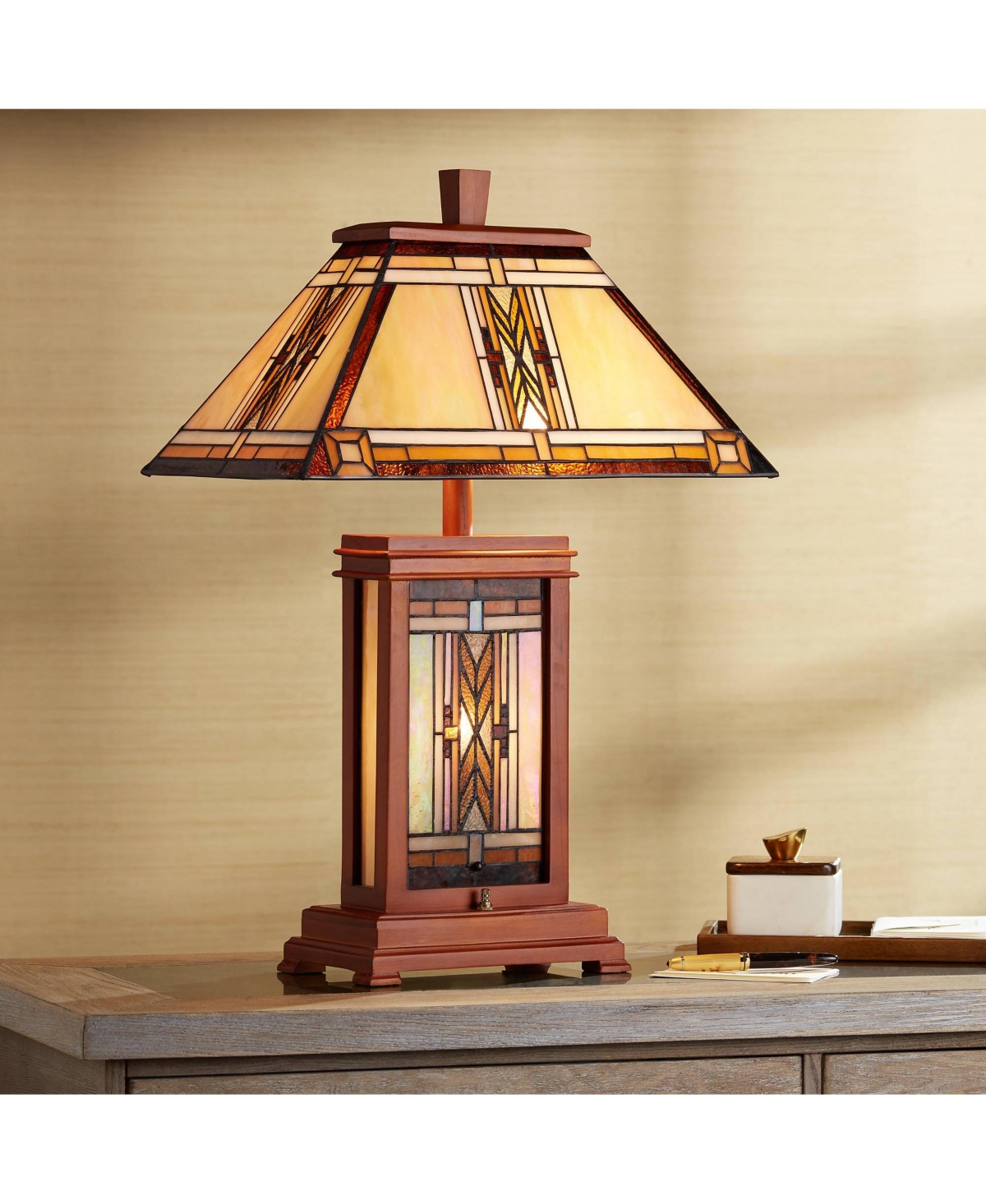 Walnut Mission Collection Rustic Table Lamp with Nightlight Tall Wood Base Tiffany Style Antique Stained Art Glass Shade for Living Room Bedroom H