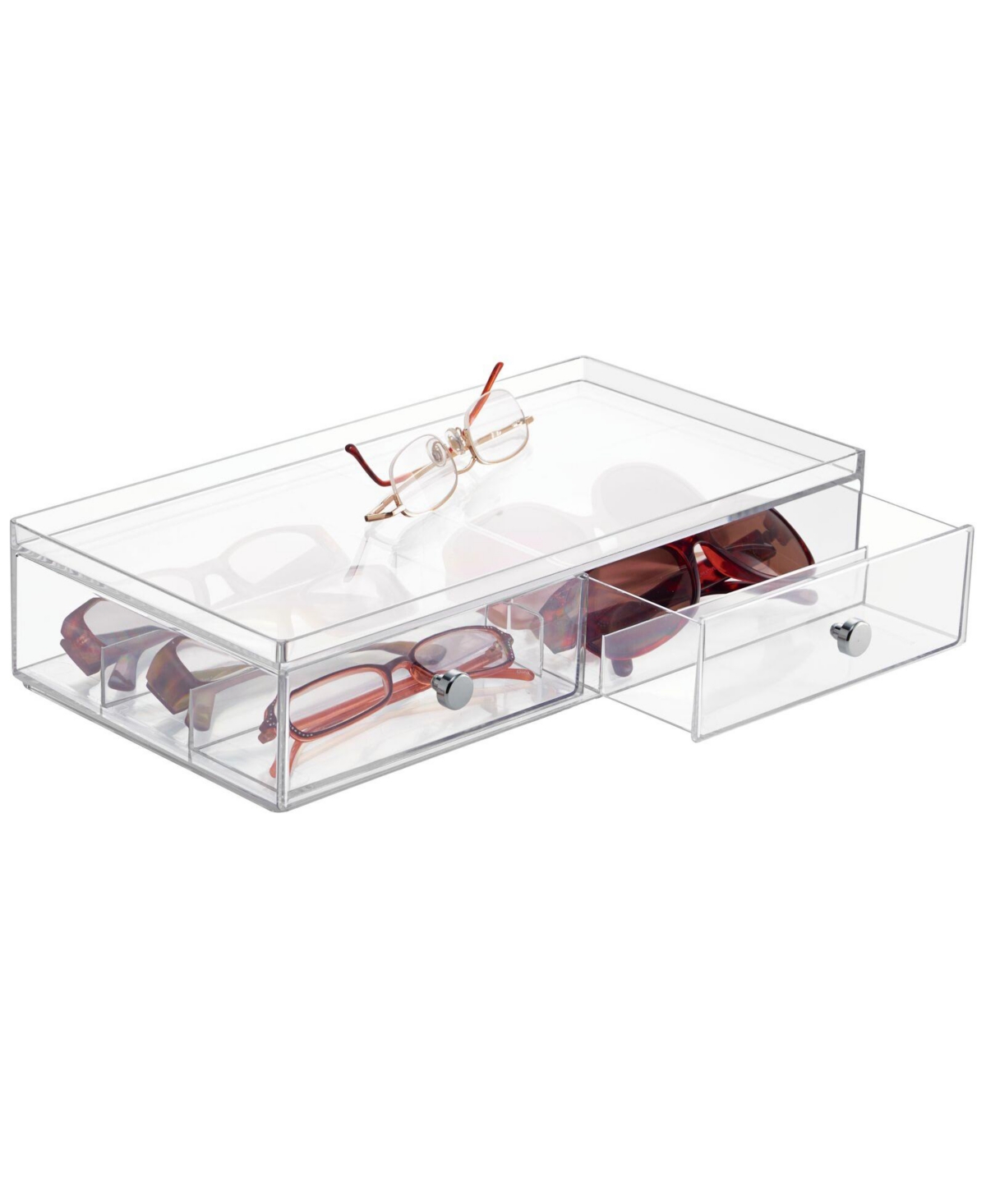 Wide Plastic Stackable Glasses Organizer Box with 2 Drawers, Clear - Clear